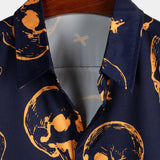 Aloha Overhemd van Katoen met Korte Mouwen met Knopen en Oranje Skull Patroon voor Mannen