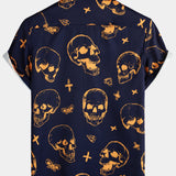 Aloha Overhemd van Katoen met Korte Mouwen met Knopen en Oranje Skull Patroon voor Mannen