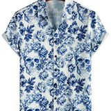 Korte Mouwen Katoenen T-shirt met Skull en Bloemen Punk Rock Ontwerp voor Mannen
