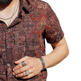 Heren Katoenen Retro Overhemd met Paisley Bloemenpatroon, Met Knopen, Vintage, Voor Vakantie, Westers, Bruin, Korte Mouw