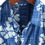 Hawaiiaanse Katoenen Overhemden voor Mannen met Korte Mouwen en Knopen in Blauw Bloemenpatroon