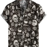 Katoenen Overhemd met Knopen Cool met Roze Schedel in Bloemen voor Mannen, Punk Rock and Roll