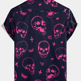 Heren Aloha shirt van katoen met roze schedelprint en korte mouwen