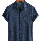 Boho Korte Mouwen Geometrische Tribale Overhemd in Marineblauw voor Mannen