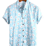 Heren Zomer Overhemd met Korte Mouwen in Hawaiiaanse Stijl in Blauwe Kleur met Margriet Bloemen