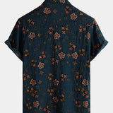 Korte Mouwen Katoenen Overhemd met Knopen voor Mannen, Bloemenprint, Marineblauw voor de Zomer