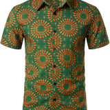 Heren Retro Bloemen Overhemd van Katoen uit de Jaren '70, Groen, voor de Zomer, Strand, Boho, Korte Mouwen