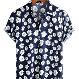Korte Mouwen Katoenen Hawaii Shirt voor Mannen in Donkerblauwe Kleur met Margrieten