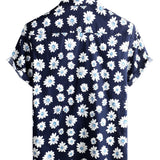 Korte Mouwen Katoenen Hawaii Shirt voor Mannen in Donkerblauwe Kleur met Margrieten