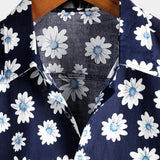 Korte Mouwen Katoenen Hawaii Shirt voor Mannen in Donkerblauwe Kleur met Margrieten