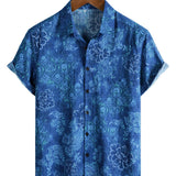 Heren Overhemd met Korte Mouwen in Bloemenprint van Katoen in Hawaiiaanse Stijl Blauw