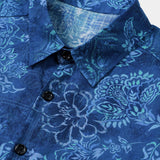 Heren Overhemd met Korte Mouwen in Bloemenprint van Katoen in Hawaiiaanse Stijl Blauw