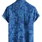 Heren Overhemd met Korte Mouwen in Bloemenprint van Katoen in Hawaiiaanse Stijl Blauw