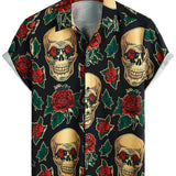 Korte Mouwen Katoenen Shirt met Roze Doodskop voor Mannen