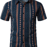 Korte Mouw Katoenen Overhemd met Knopen voor Mannen, Retro uit de Jaren '70, Strepen, Marineblauw, Vintage