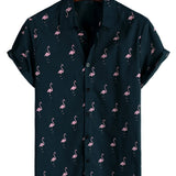 Casual Katoenen Hawaii Shirt met Korte Mouwen en Tropische Flamingo Knopen voor Mannen