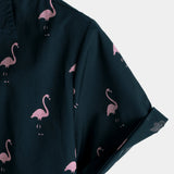 Casual Katoenen Hawaii Shirt met Korte Mouwen en Tropische Flamingo Knopen voor Mannen