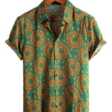 Heren Retro Bloemen Overhemd van Katoen uit de Jaren '70, Groen, voor de Zomer, Strand, Boho, Korte Mouwen